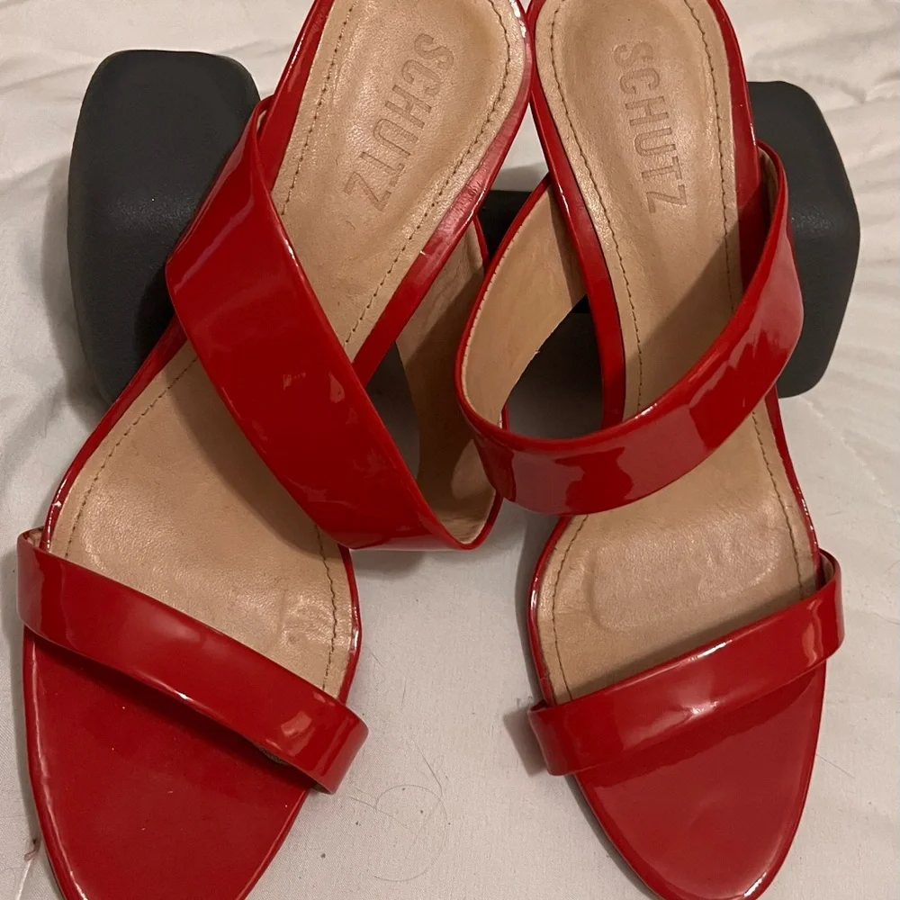 SCHUTZ Red Patent Leather Double Strap Stiletto Sandals